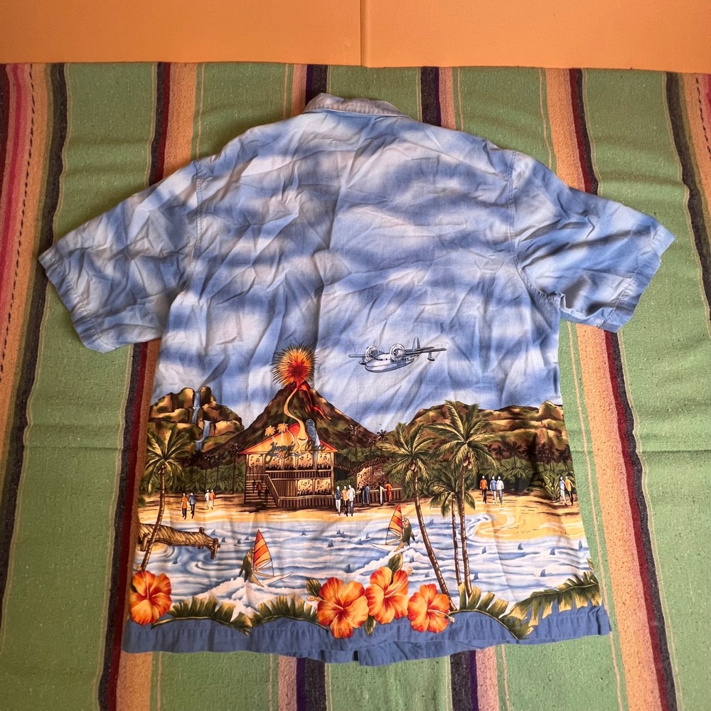 Koko Island Hawaiian Shirt Mens Large Blue Tropical Volcano Seaplane Made in USA - Picture 5 of 12